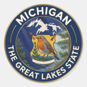 Pegatina Redonda 🌊 Bandera de Michigan y Petirrojo Americano Grand