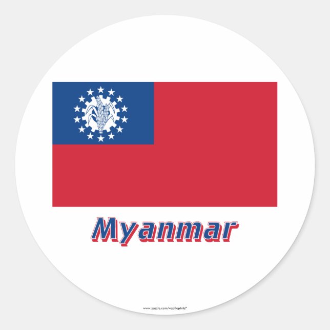 Pegatina Redonda Bandera de Myanmar con el nombre 1974-2010 (Anverso)