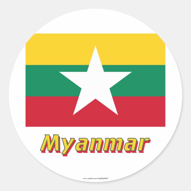Pegatina Redonda Bandera de Myanmar con nombre (Anverso)
