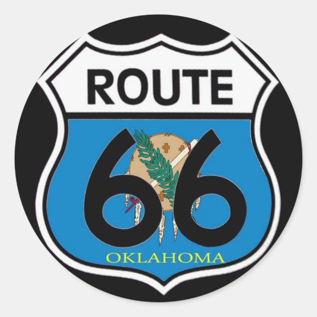 Pegatina Redonda Bandera de Oklahoma Ruta 66 Escudo (Anverso)