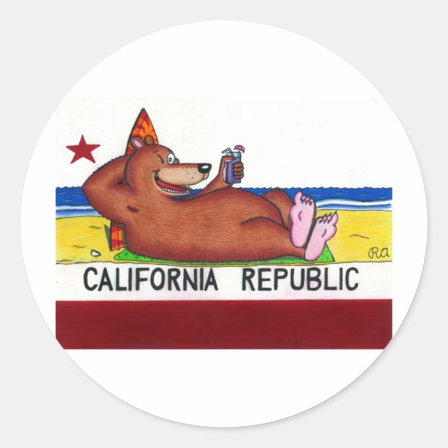 Pegatina Redonda Bandera de oso de Rusty en California (Anverso)