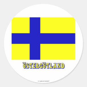 Pegatina Redonda Bandera de Östergötland con el nombre (oficioso)