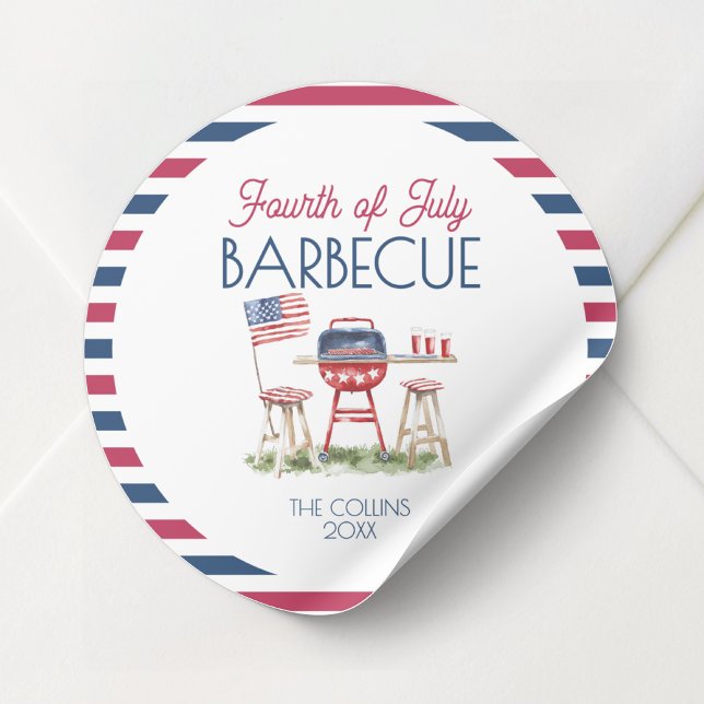Pegatina Redonda Bandera de parrilladas patrióticas 4 de julio Fies (Patriotic Barbecue Flag 4th of July Summer Party Classic Round Sticker)