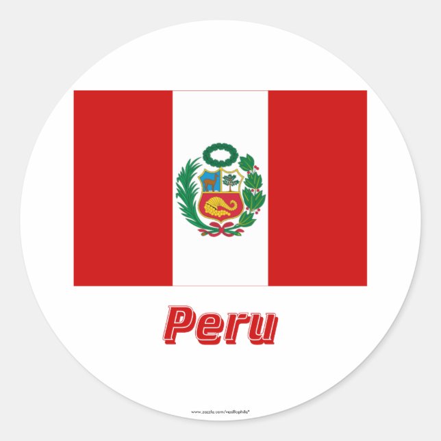 Pegatina Redonda Bandera de Perú con nombre (Anverso)