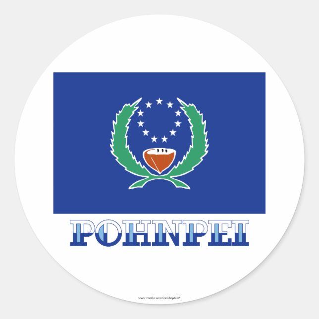Pegatina Redonda Bandera de Pohnpei, con nombre (Anverso)