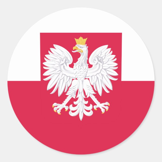Pegatina Redonda Bandera de Polonia (con escudo de armas) (Anverso)