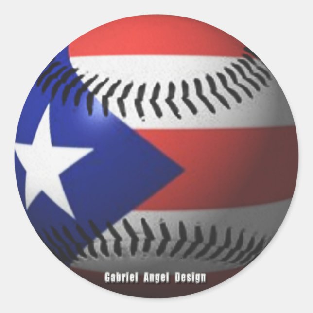 Pegatina Redonda Bandera de Puerto Rico cubriendo el béisbol (Anverso)