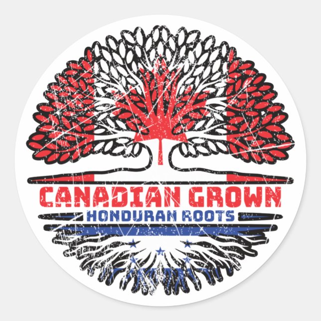 Pegatina Redonda Bandera de raíces de árbol hondureño canadiense en (Anverso)