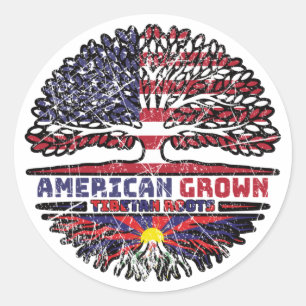 Pegatina Redonda Bandera de raíces de árbol tibetano estadounidense