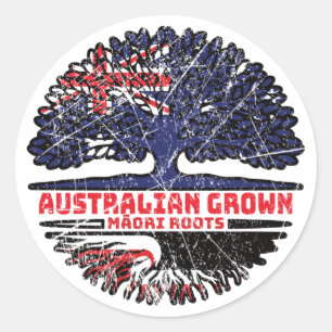 Pegatina Redonda Bandera de raíces de árboles australianos maoríes