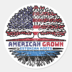 Pegatina Redonda Bandera de raíces estonio-norteamericanas de árbol