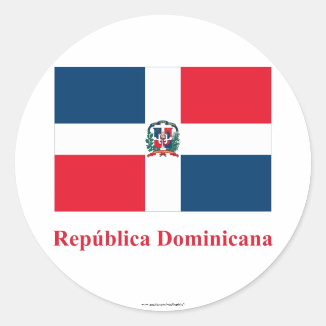 Pegatina Redonda Bandera de República Dominicana con nombre en espa (Anverso)