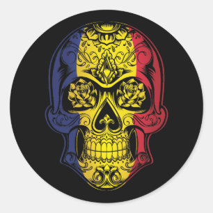 Pegatina Redonda Bandera de Rumania Calavera y Rosas