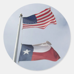 Pegatina Redonda Bandera de Texas y Estados Unidos