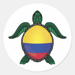 Pegatina Redonda Bandera de tortuga marina de Colombia