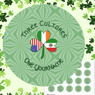 Pegatina Redonda Bandera de trébol americano irlandés mexicano
