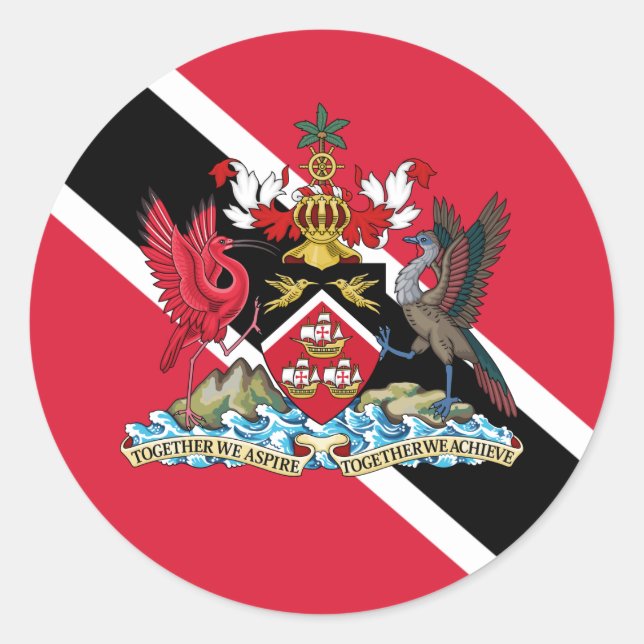 Pegatina Redonda Bandera de Trinidad y Tobago y escudo de armas (Anverso)