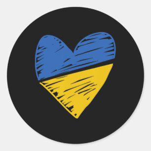 Pegatina Redonda Bandera de Ucrania Corazón Garabateado Coloreado A