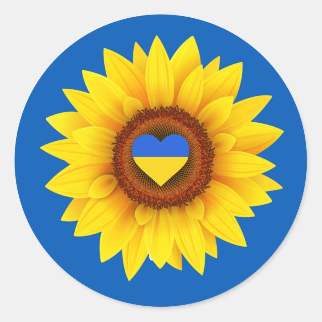 Pegatina Redonda Bandera de Ucrania, girasol y corazón (azul y amar (Anverso)