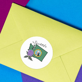 Pegatina Redonda Bandera de Washington y Flor Pacífico Rododendros