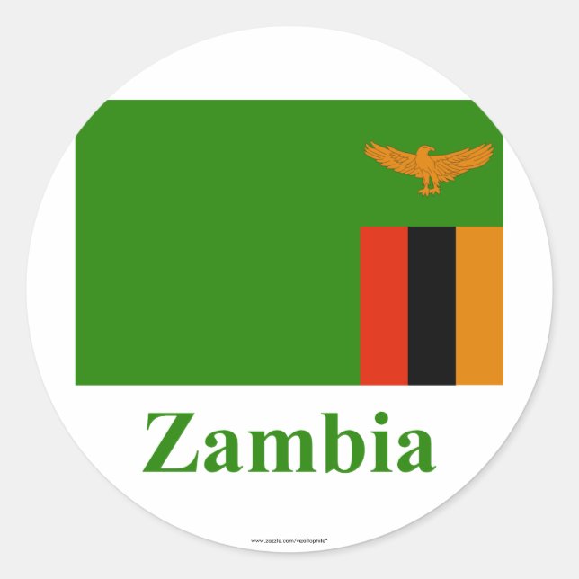 Pegatina Redonda Bandera de Zambia con nombre (Anverso)