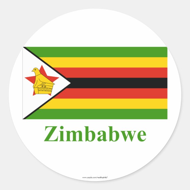 Pegatina Redonda Bandera de Zimbabue con nombre (Anverso)