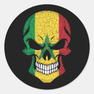 Pegatina Redonda Bandera del cráneo sonriente de Senegal