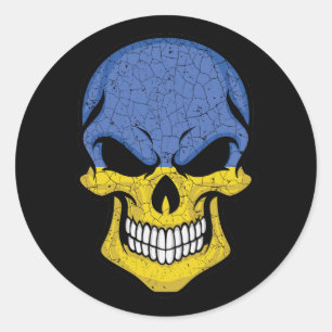 Pegatina Redonda Bandera del cráneo sonriente de Ucrania