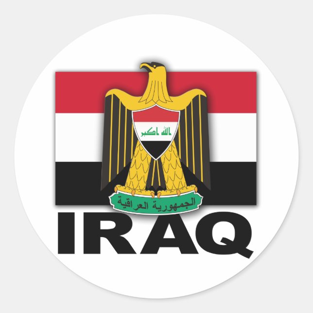 Pegatina Redonda Bandera del Escudo de Armas del Iraq (Anverso)