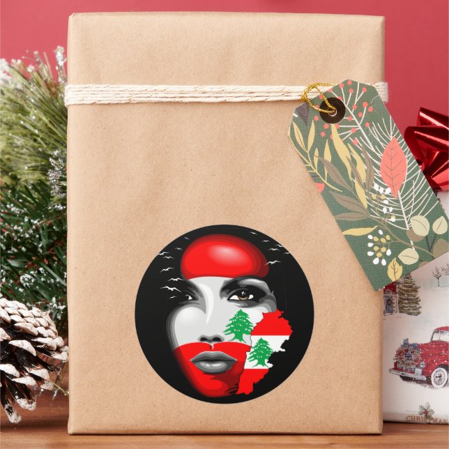 Pegatina Redonda Bandera del Líbano y mapa de la cara de los chicas (Vacaciones)