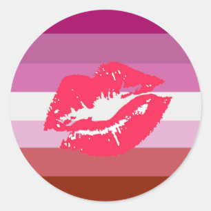 Pegatina Redonda Bandera del Orgullo Lésbico con lápiz labial