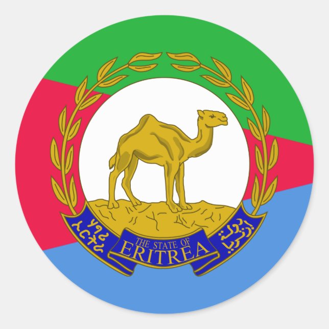 Pegatina Redonda Bandera eritrea y emblema nacional, bandera de Eri (Anverso)