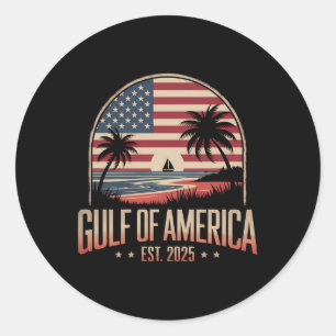 Pegatina Redonda Bandera Estadounidense 2025 Retro Sunset Gulf Of U