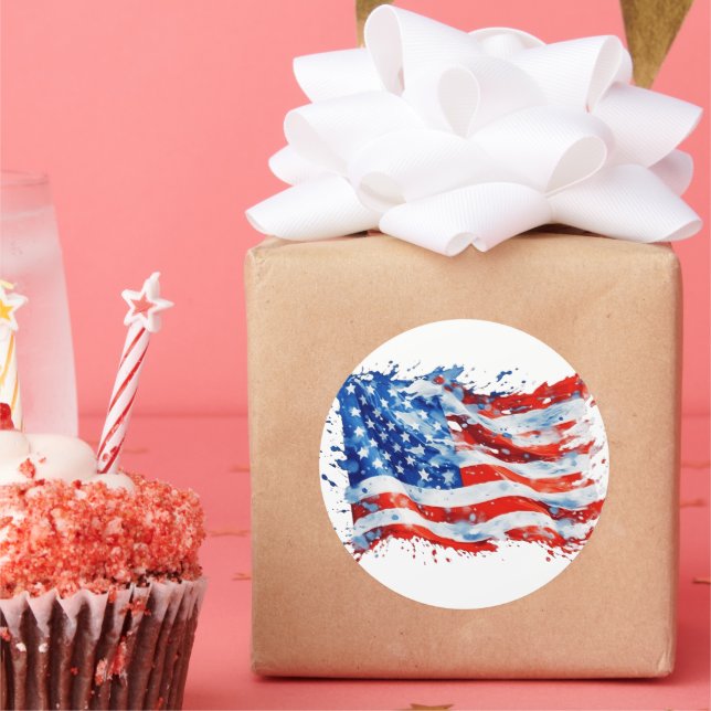Pegatina Redonda Bandera estadounidense acuarela 4 de julio (Fiesta)
