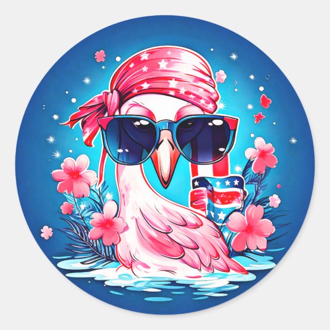 Pegatina Redonda Bandera estadounidense con Personalizado Flamingo- (Anverso)