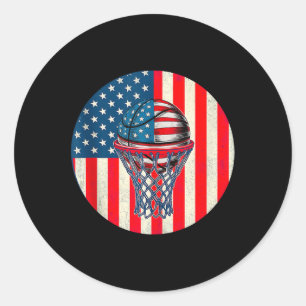 Pegatina Redonda Bandera Estadounidense De Baloncesto 4 De Julio Us