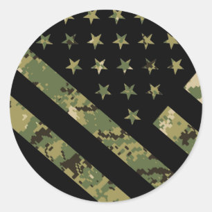 Pegatina Redonda Bandera estadounidense de camuflaje digital milita