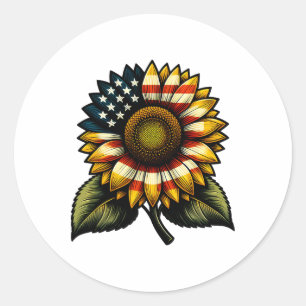 Pegatina Redonda Bandera estadounidense de girasol Patriótica Cute
