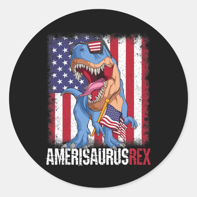 Pegatina Redonda Bandera Estadounidense De Julio Usa Dino Amerisaur (Anverso)