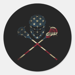 Pegatina Redonda Bandera Estadounidense divertida Lacrosse Hombres