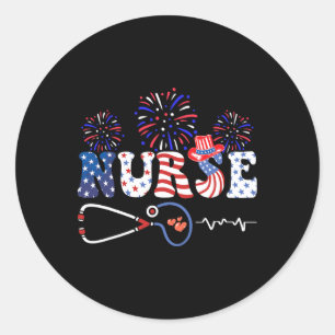 Pegatina Redonda Bandera Estadounidense Enfermera Patriótica Stetho
