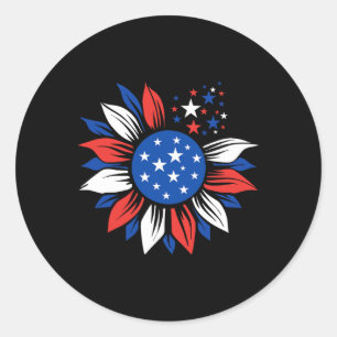 Pegatina Redonda Bandera Estadounidense Girasol Rojo Azul Blanco 4 