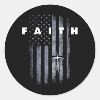 Pegatina Redonda Bandera estadounidense grunge y cruz de fe cristia