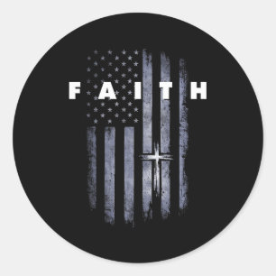 Pegatina Redonda Bandera estadounidense grunge y cruz fe cristiana