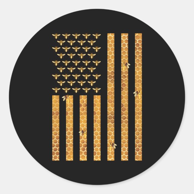 Pegatina Redonda Bandera estadounidense Honeycomb Honey Beekeekeep (Anverso)