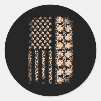 Pegatina Redonda Bandera estadounidense patriótica leopardo trébol 