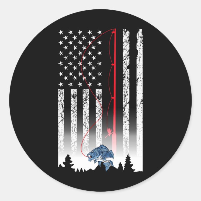 Pegatina Redonda Bandera Estadounidense Pescando Rod Usa Patriotic  (Anverso)