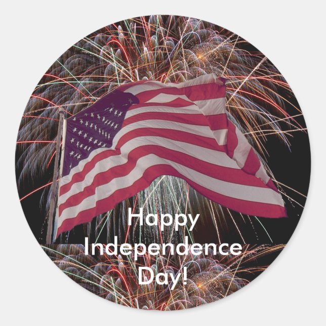 Pegatina Redonda Bandera estadounidense y fuegos artificiales (Anverso)