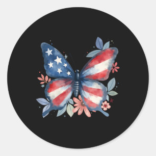 Pegatina Redonda Bandera Floral Americana De Mariposas Usa 4 De Jul