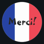 Pegatina Redonda Bandera Francesa Gracias, Gracias, Gracias.<br><div class="desc">¡Gracias! Un mensaje de agradecimiento en francés contra los colores de la bandera de Francia. Puede crear su propio mensaje de texto personalizado. Pruebe con un estilo de fuente,  tamaño y color diferentes y personalice el diseño para crear sus propios pegatinas.</div>